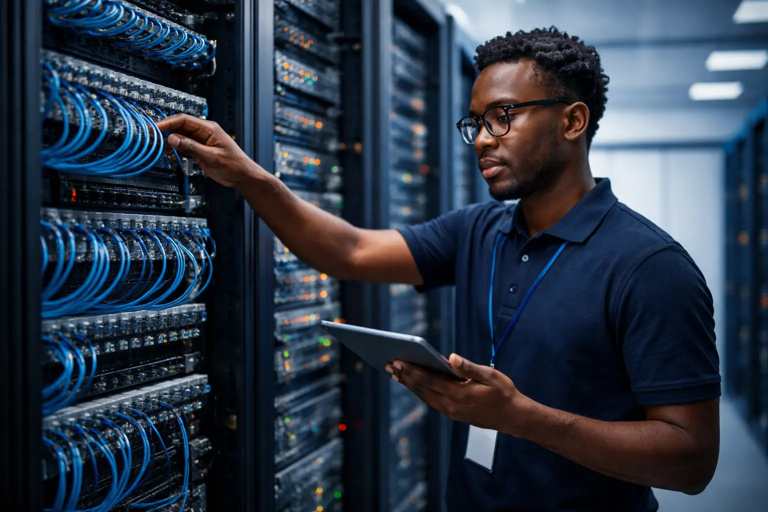 Queue North technician working inside a communications rack